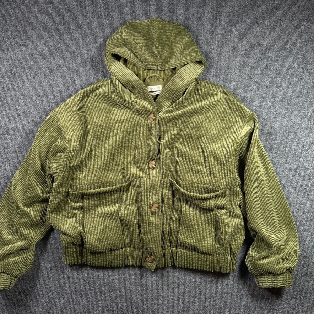 Urban Outfitters Corduroy Hooded Jacket Womens S Green Button Utility Pocket